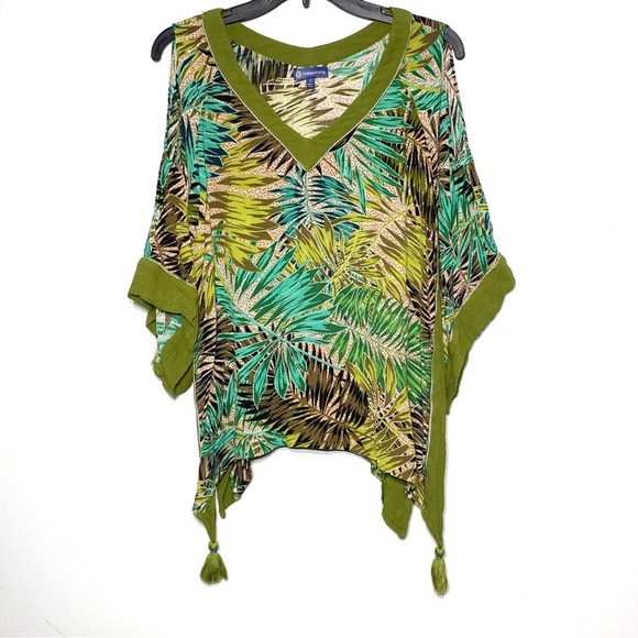 Democracy Women L Boho Top Green Tropical Cold Shoulder Tassel Hem V-Neck Blouse - Picture 2 of 16